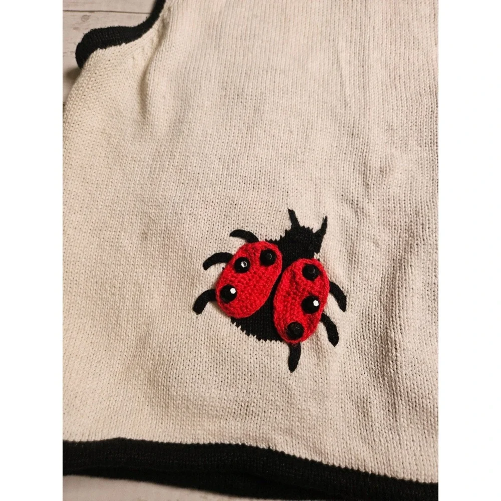 BellePointe Vintage Ladybug Knit Vest Red Cream Black Crochet Buttons Small - Picture 9 of 11